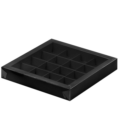 картинка Коробка для 16 конфет с  крышкой 200*200*30 (черная матовая) от магазина Crumble-shop.ru