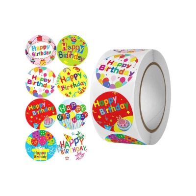 картинка Стикер - "Happy Birthday", d 2,5 см (500 шт) от магазина Crumble-shop.ru